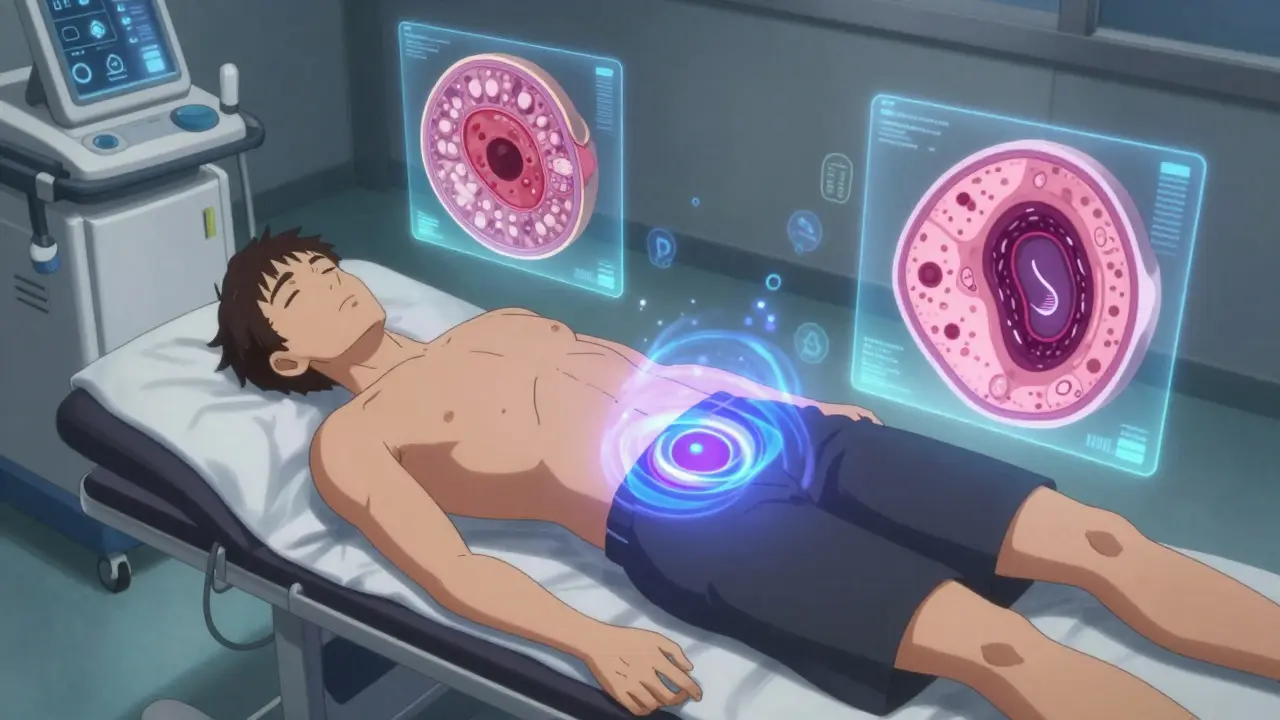 Man undergoing multiparametric MRI with glowing prostate images showing tumor and healthy tissue.