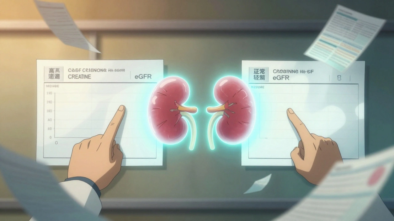 Nephrologist comparing two kidney lab results, one false, one accurate, with cystatin C highlighted.