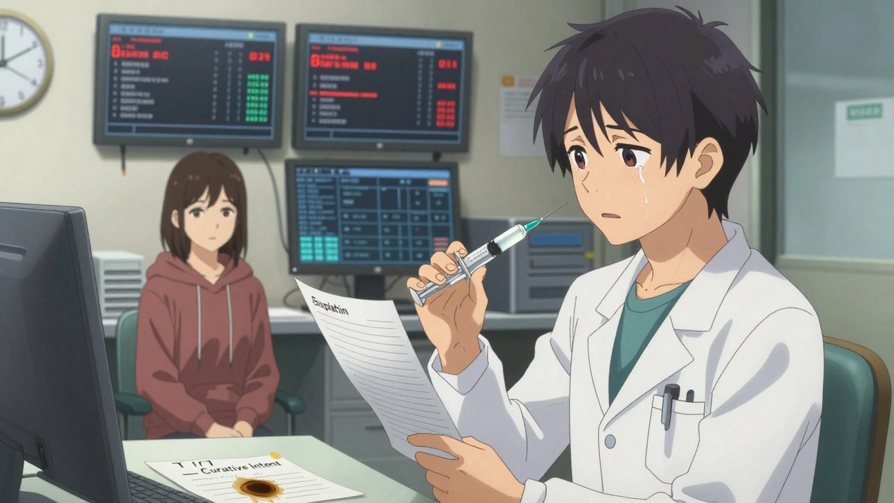 Oncologist holding half-dose chemo syringe, staring at patient chart in dim clinic