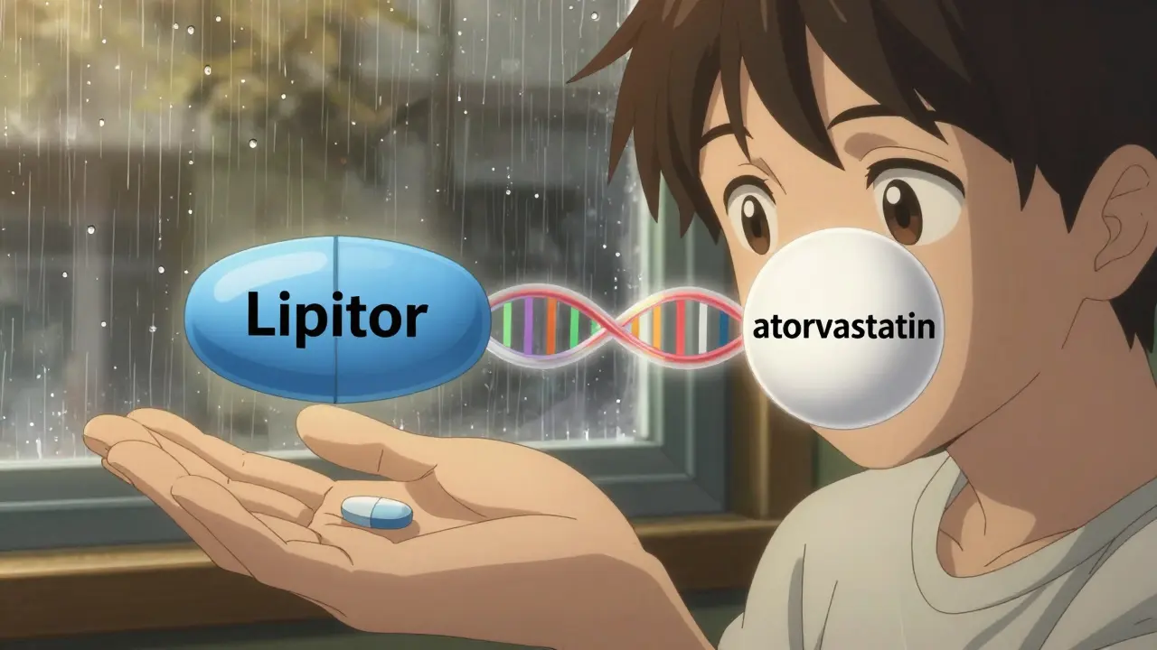 Person holding a pill with two versions floating beside them — one branded, one generic — connected by glowing biological pathways.