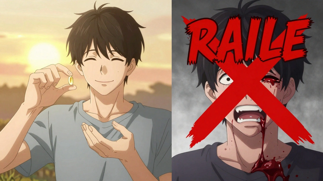 Person taking fish oil and aspirin peacefully at sunrise, contrasted with a crossed-out image of excessive bleeding.