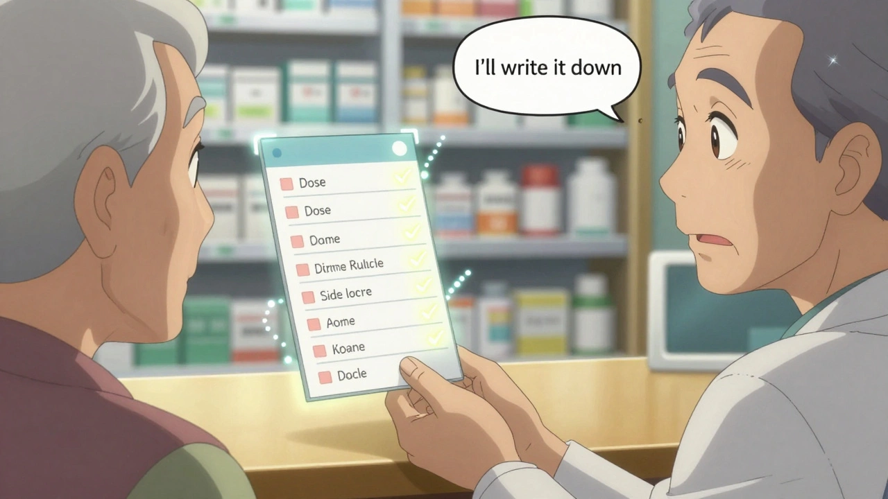 Pharmacist giving printed label to patient with floating checklist of medication instructions.