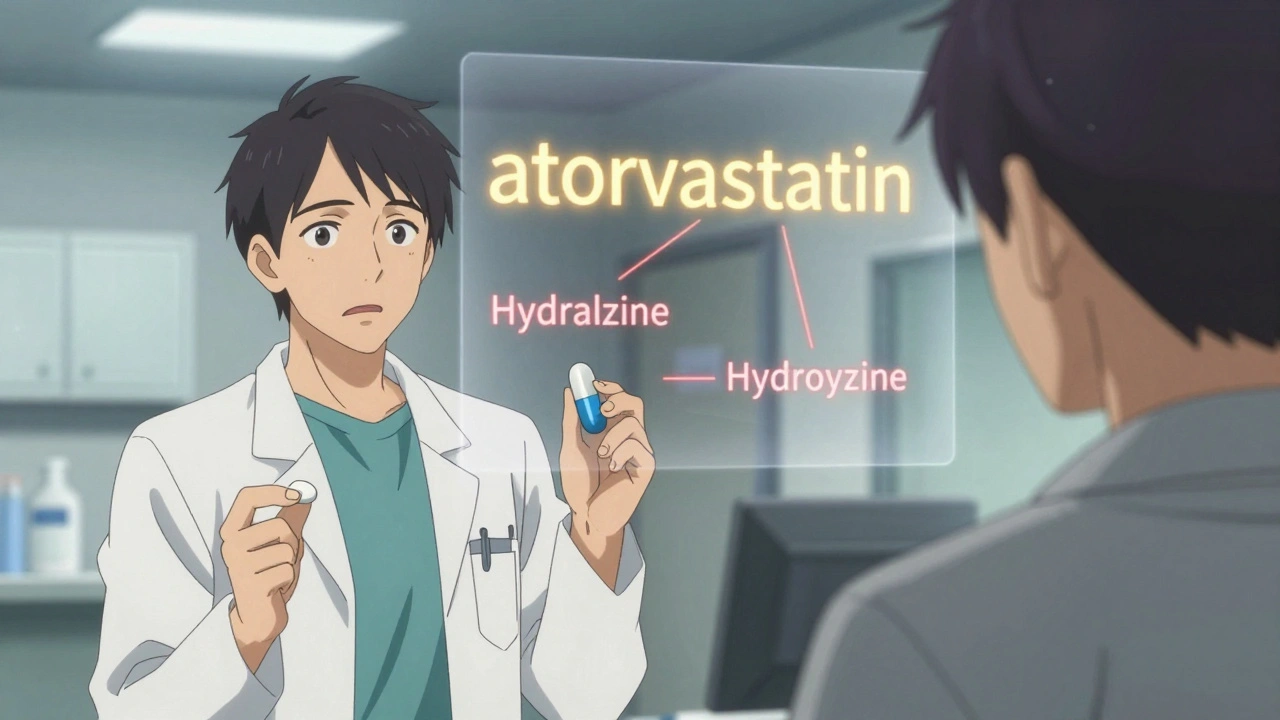 Pharmacist holding two different pills while a glowing generic name connects them, with confusing drug names fading away.