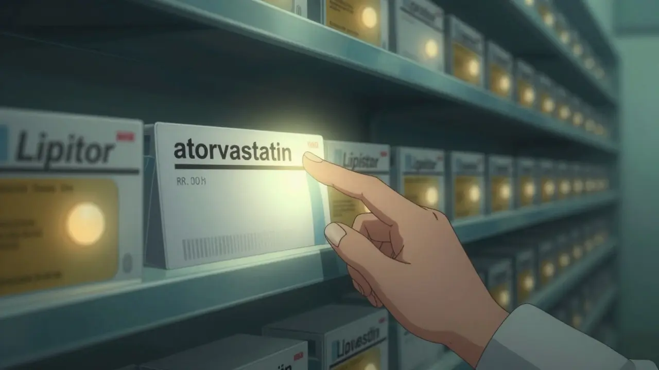 Pharmacist pointing at prescription label, generic drug name glowing while brand name fades, endless rows of identical pills in background.