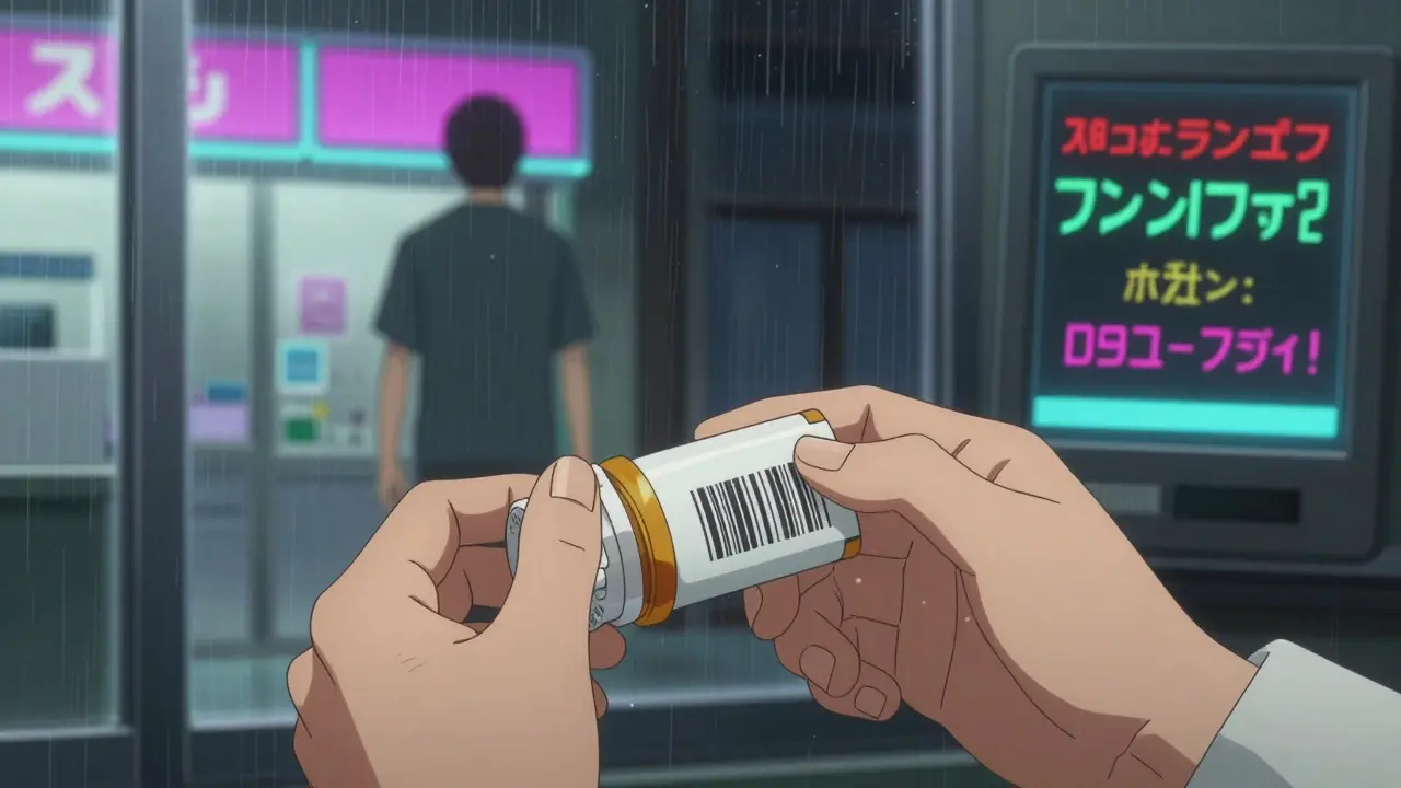 Pharmacist scanning a bottle as a patient walks away with wrong medication.