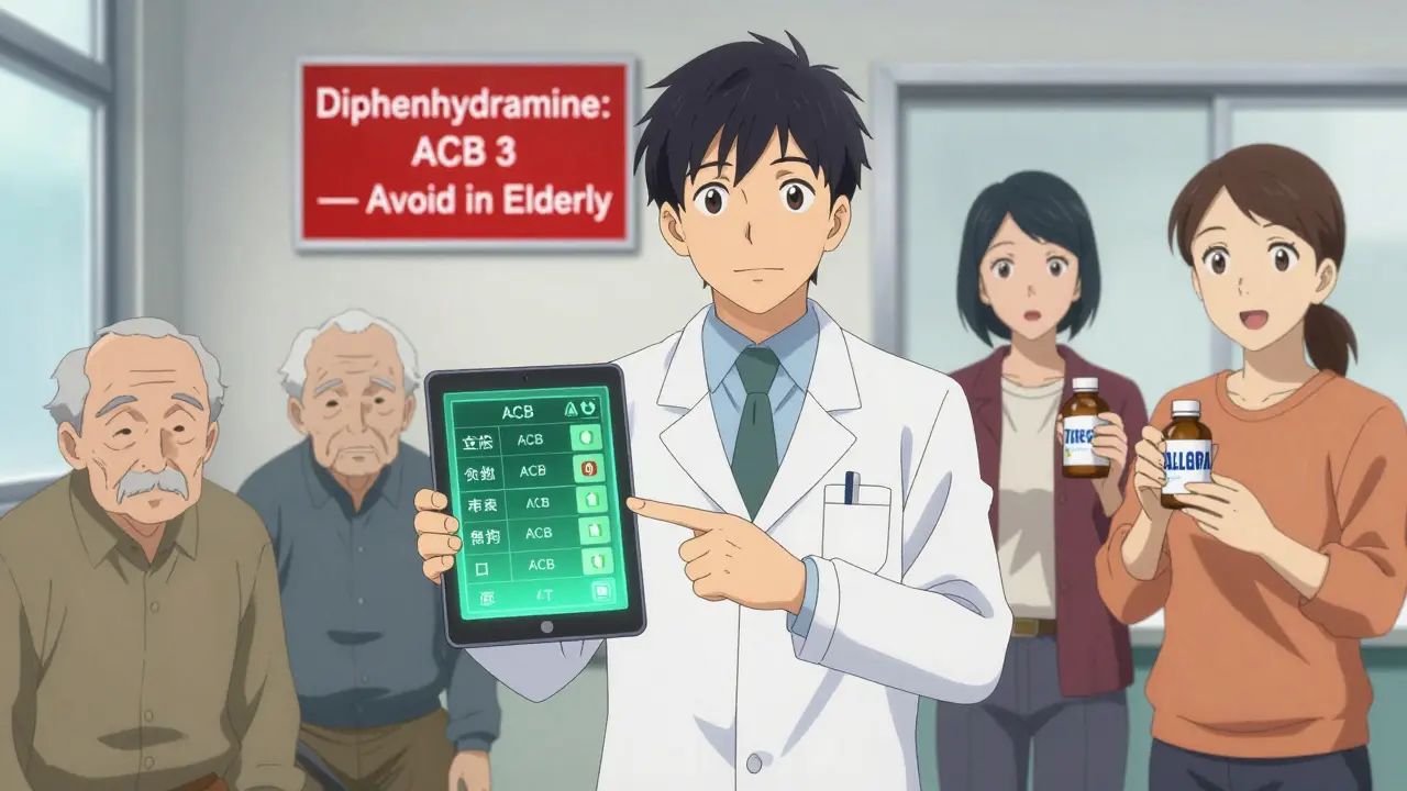 Pharmacist showing ACB score chart, warning sign flashes as patients transition to healthier choices.