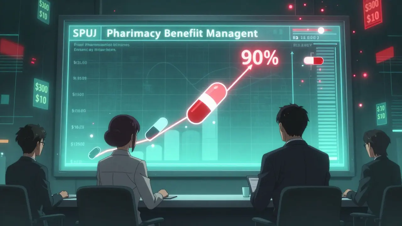 Pharmacy benefit managers competing for prescription dominance on a digital board, with price tags plummeting in a neon-lit room.