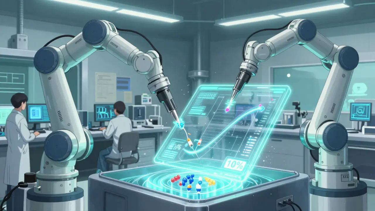 Robotic arms assembling nanoparticle drug delivery systems in a high-tech lab with holograms.