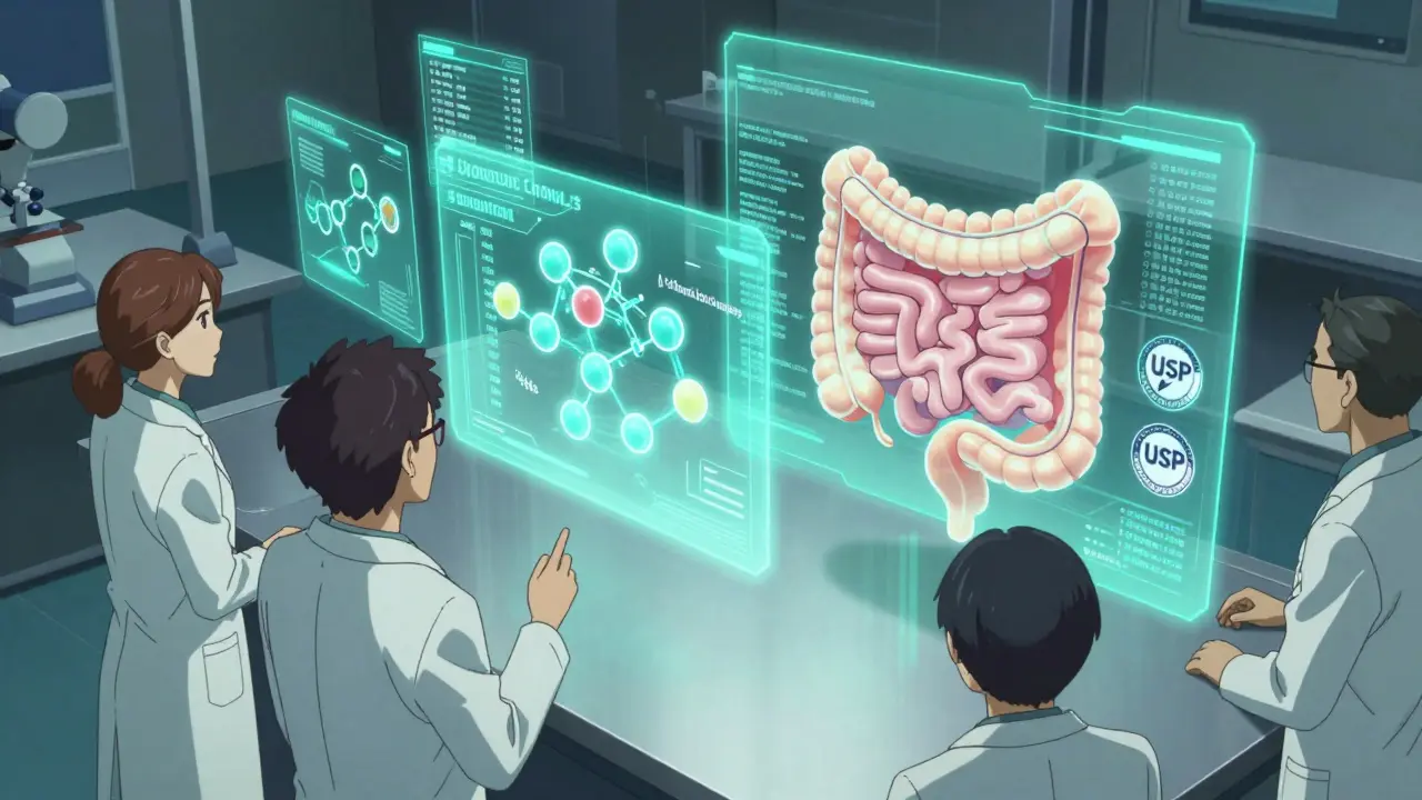 Scientists watching a holographic gut model with peppermint oil molecules blocking spasms in a high-tech lab.