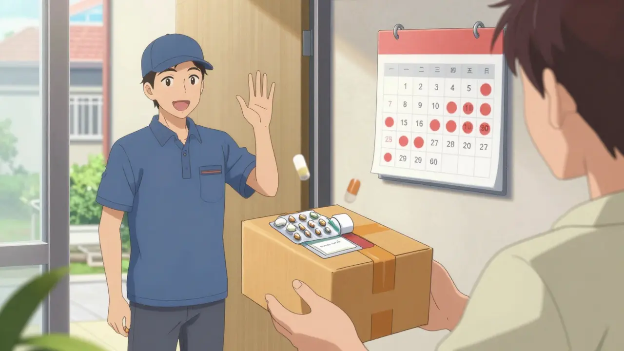 Someone receiving a mail-order package of 90-day medications at home.