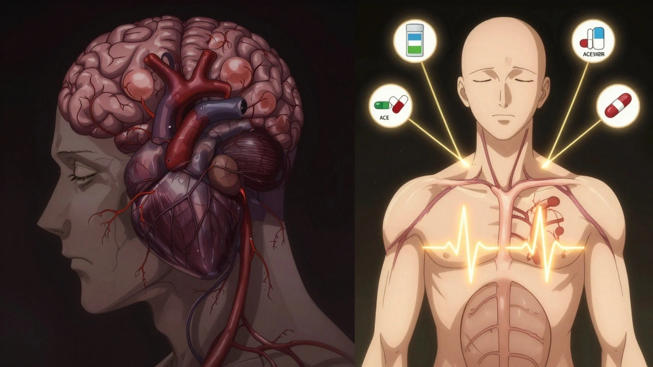 Split image showing damaged blood vessels vs. healthy ones, with medication icons protecting the body.