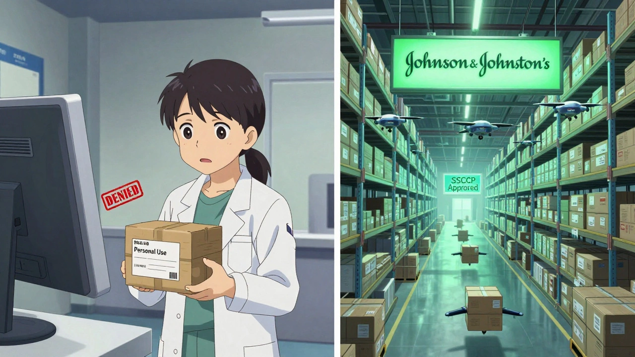 Split scene: a researcher's personal drug package is denied by an automated kiosk, while a corporate warehouse glows green with approved shipments.