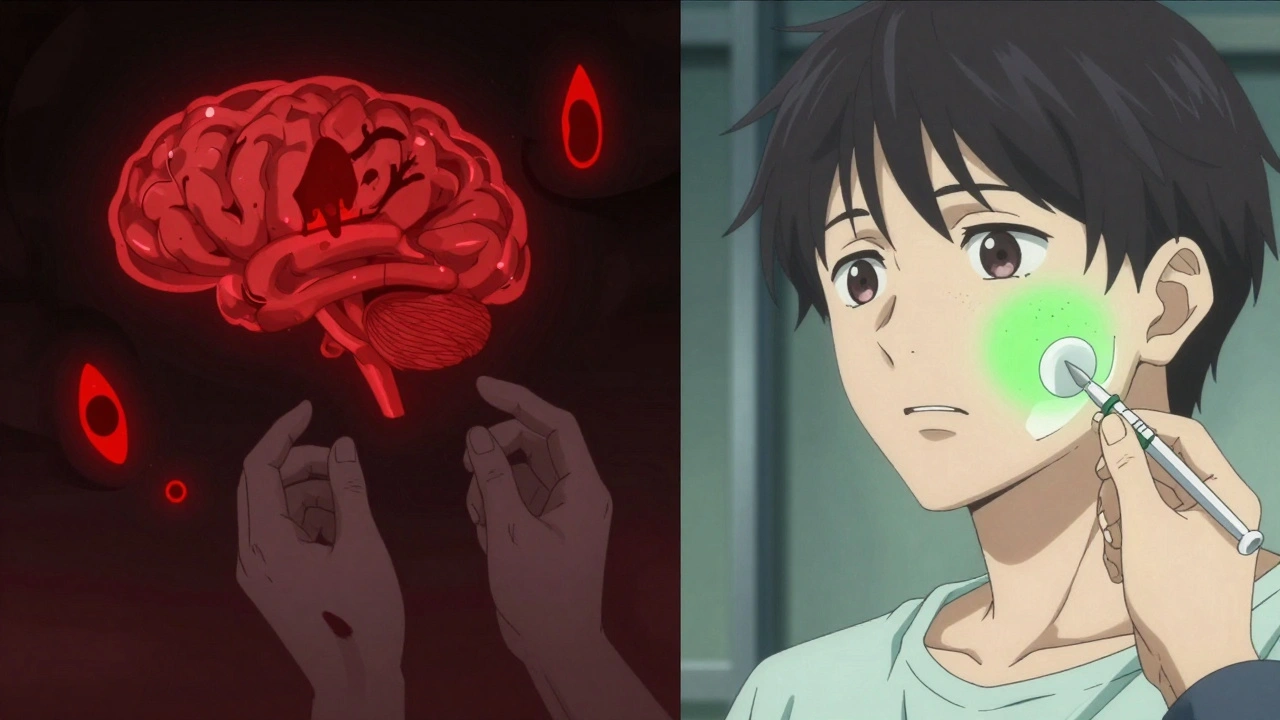 Split scene: blood clots forming vs. bruise fading after cosmetic procedure