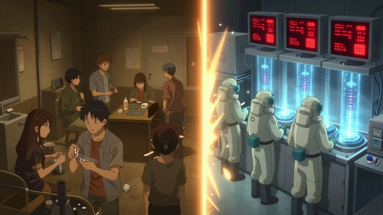 Split scene: dusty Grade D room vs. high-tech Grade B cleanroom with glowing sensor alerts.