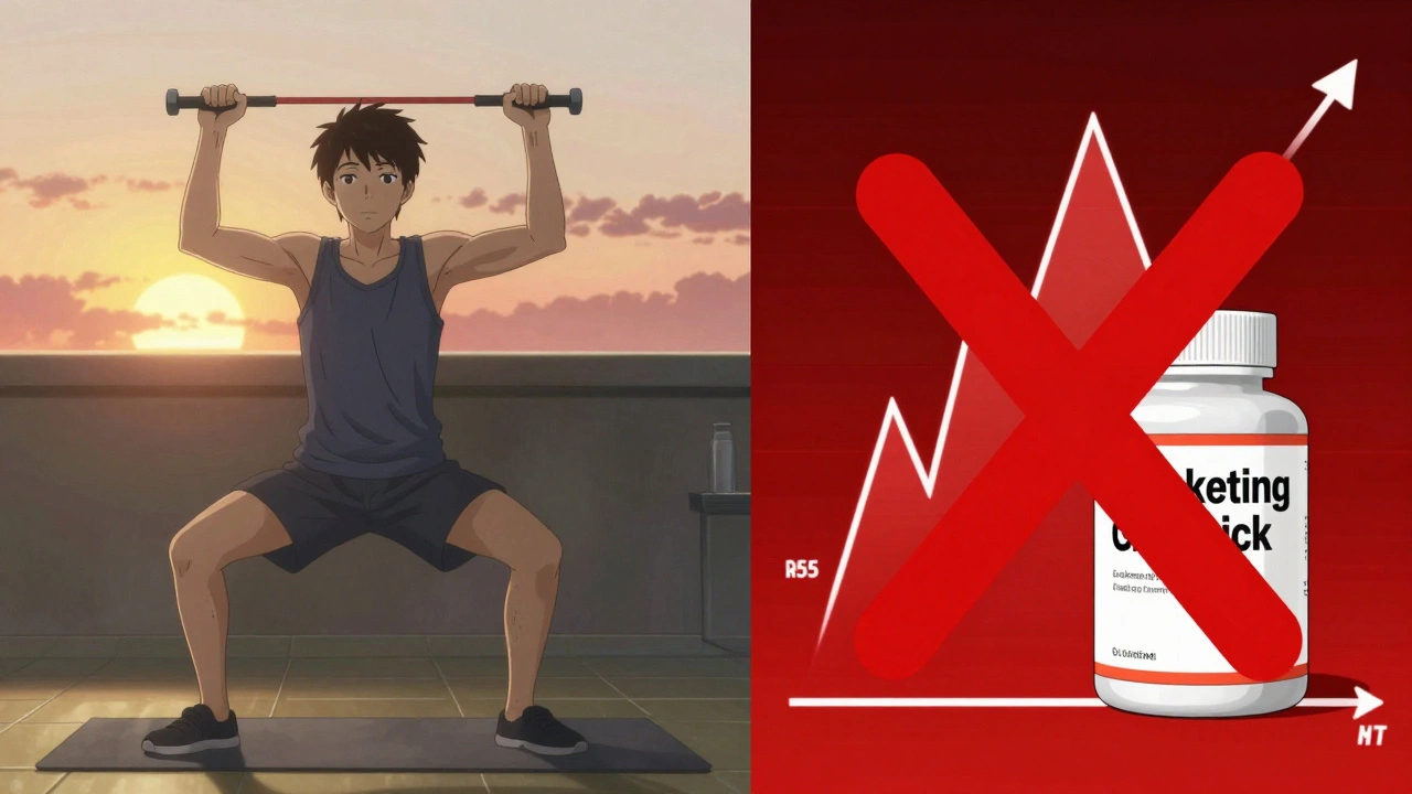 Split scene: healthy person exercising vs. misleading creatine lab graph with red X over supplement bottle.