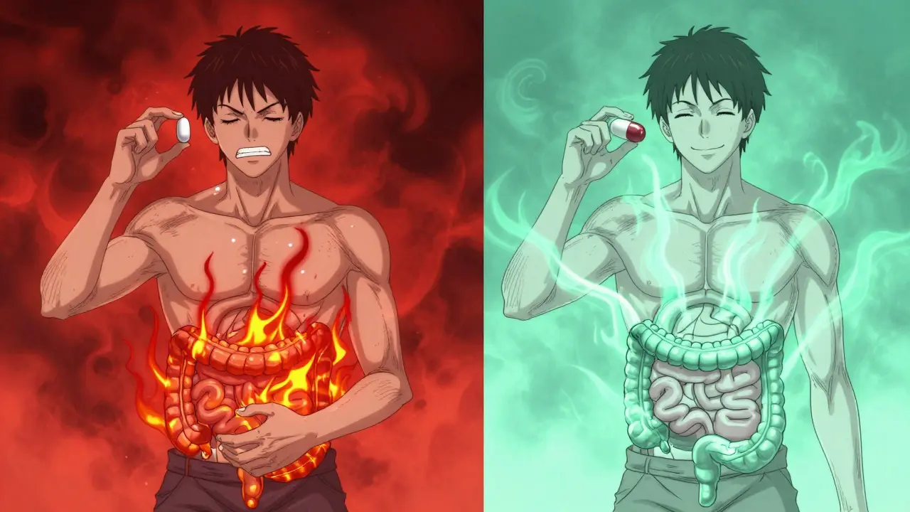 Split scene: one person suffering from heartburn after wrong peppermint oil, another calm with mint energy in their gut.