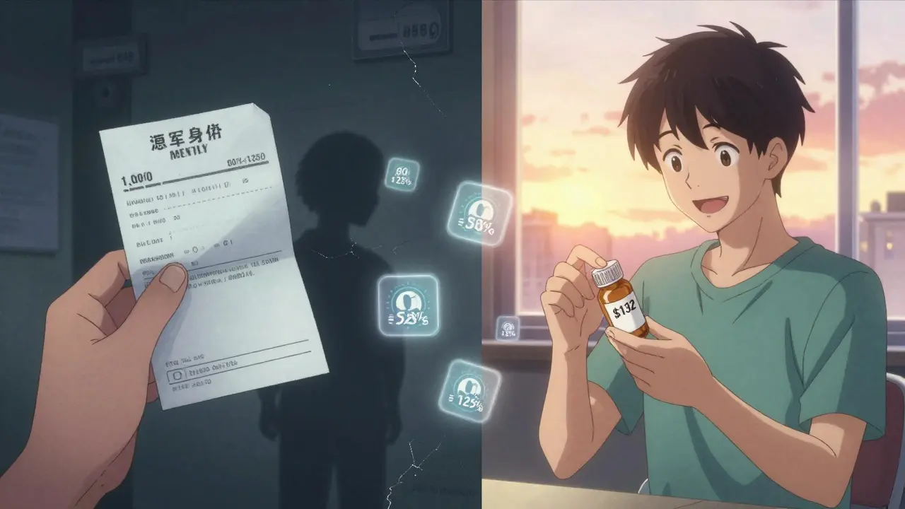 Split scene: patient holding expensive prescription vs. affordable generic pill at sunset.