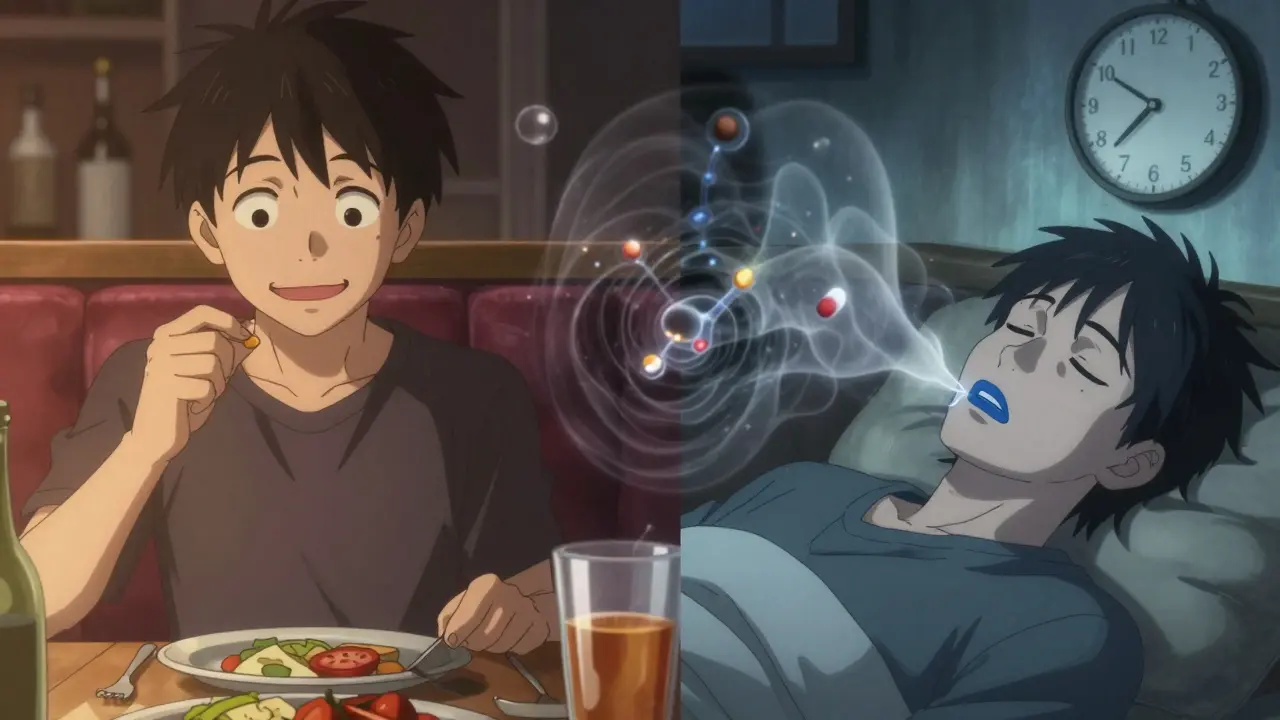 Split scene: person taking pill with alcohol vs. same person unconscious, with fading clock and toxic molecular overlay.