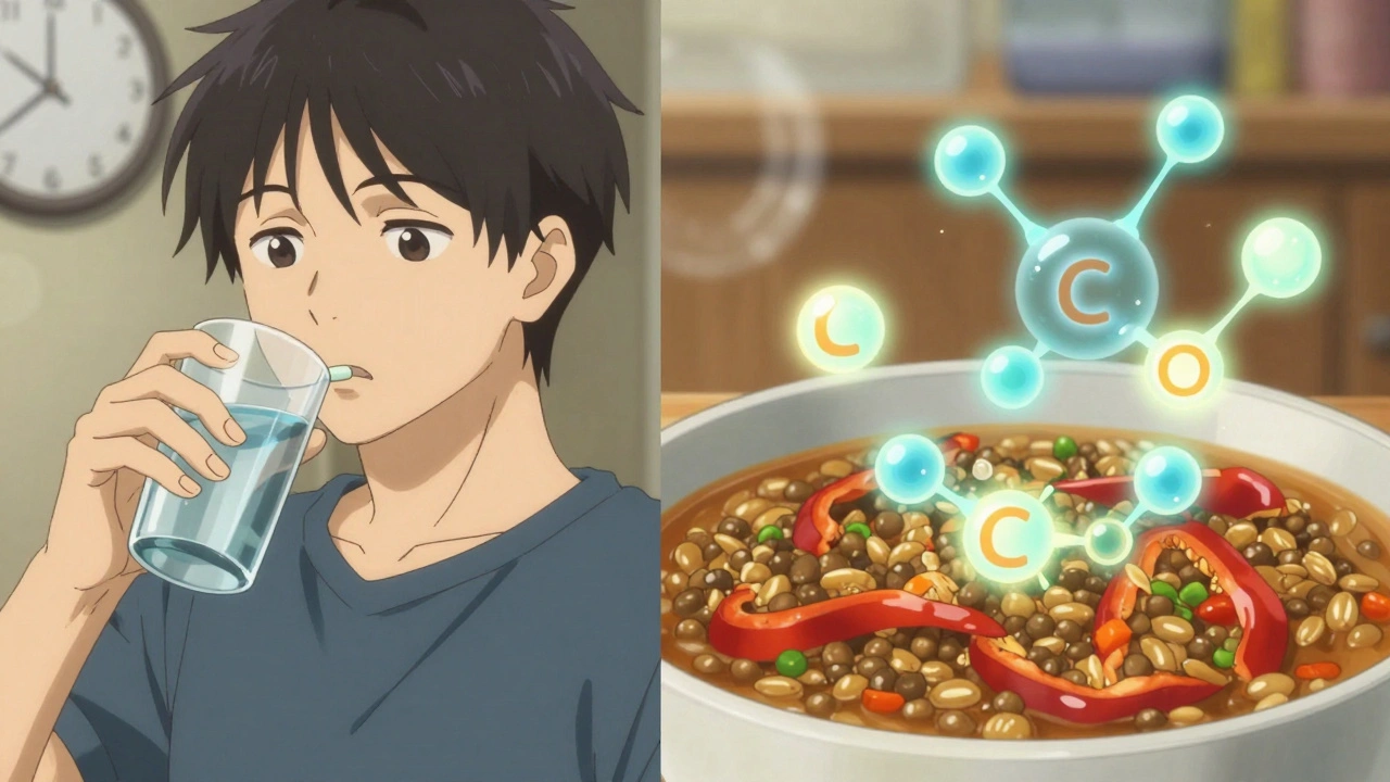 Split scene: person taking thyroid meds on one side, eating iron-rich meal with bell peppers two hours later on the other.