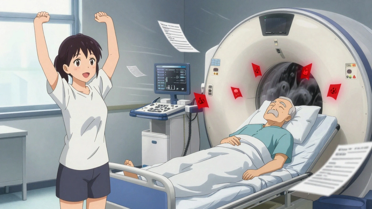Split scene: young woman recovering peacefully vs. elderly man in hospital with red flag icons swirling around him.