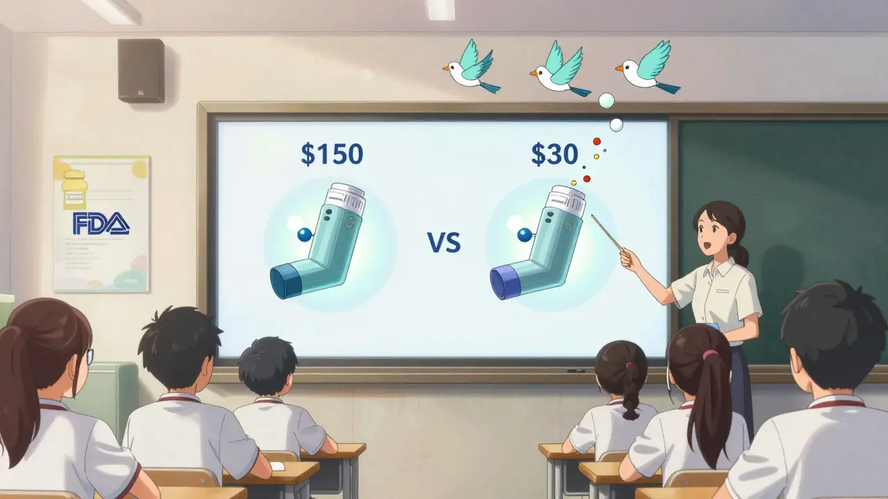 Students in a classroom comparing prices of brand and generic medicine on a glowing screen.