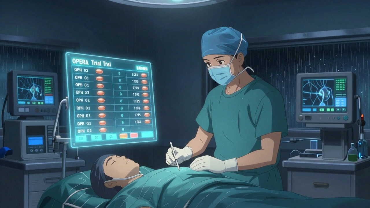 Surgeon in an operating room monitoring a patient, with floating trial data glowing softly in the background.