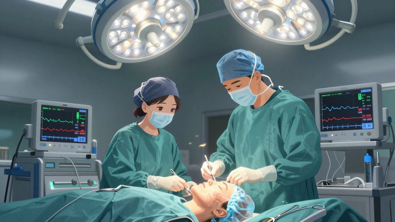 Surgical team performing facelift with digital risk overlays glowing softly