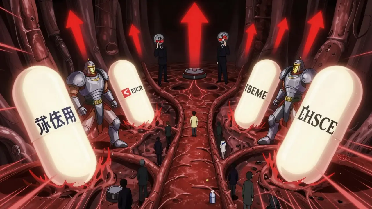 Symbolic battle of brand and generic pills inside a bloodstream with PBMs manipulating prices.