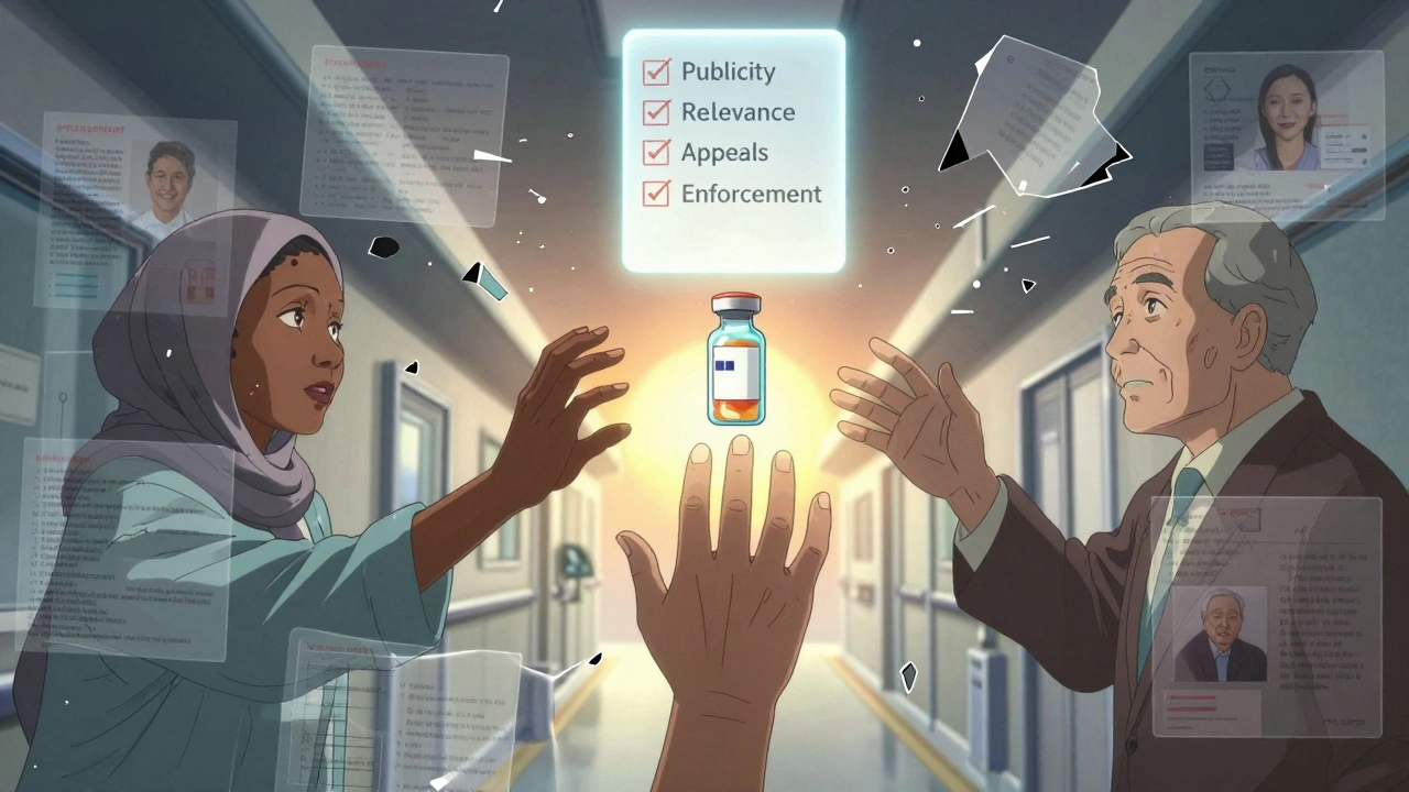 Three diverse hands reaching for a floating chemo vial with ethical principles glowing above