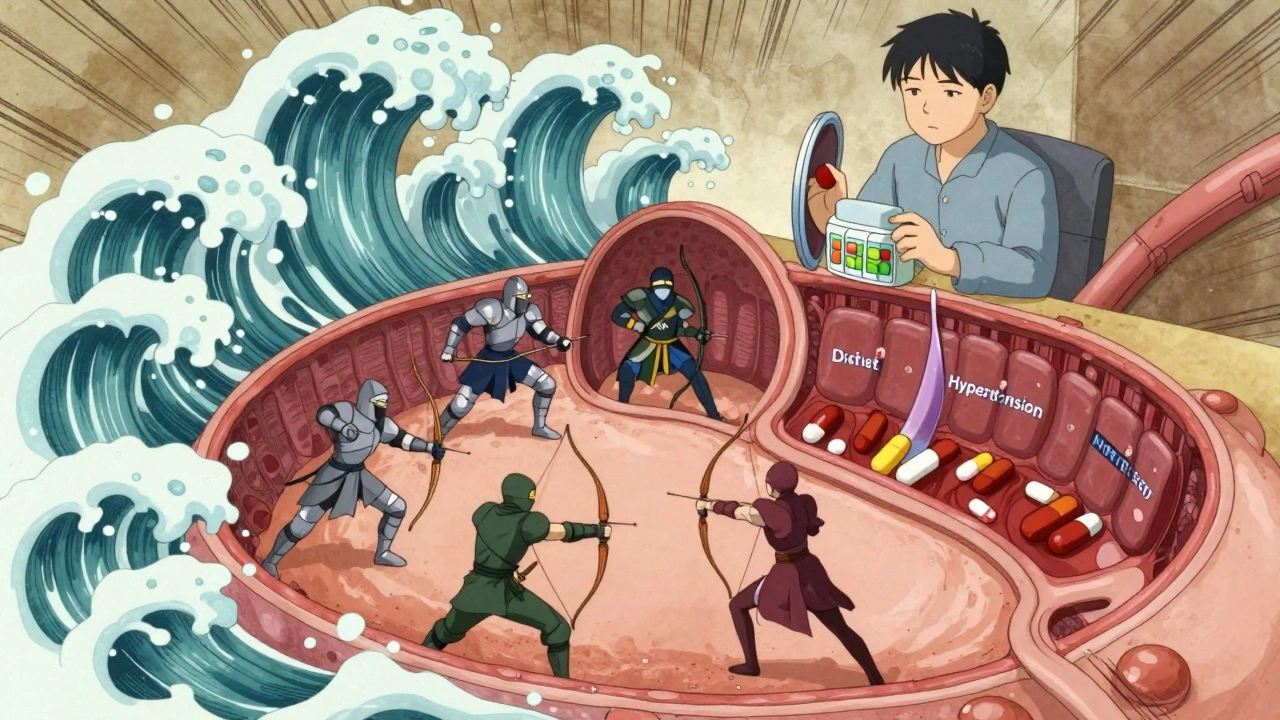 Tiny medication warriors fighting high blood pressure inside a human body, patient observing calmly.