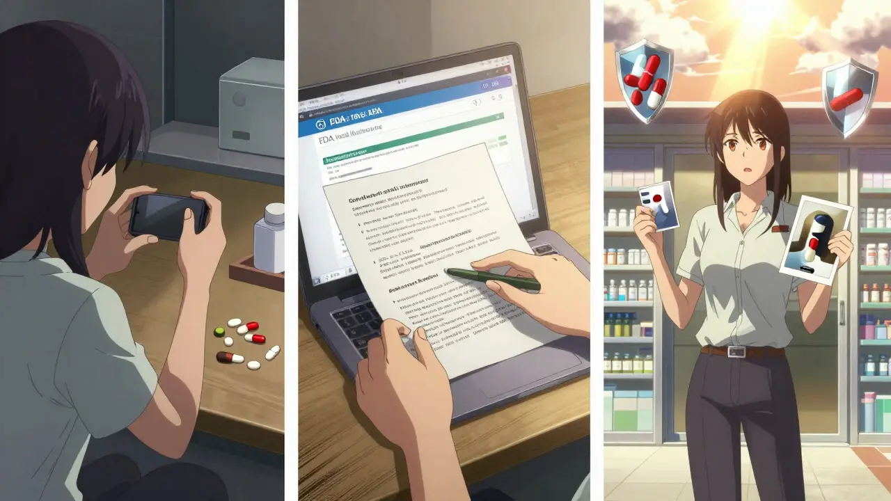 Woman documenting medication error and reporting it, holding photos confidently.