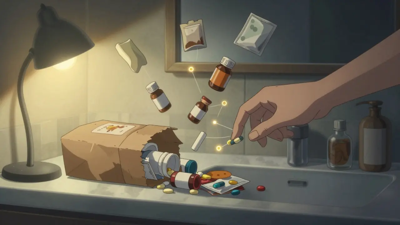 A brown paper bag spills open on a bathroom counter, revealing pill bottles and supplements glowing softly.