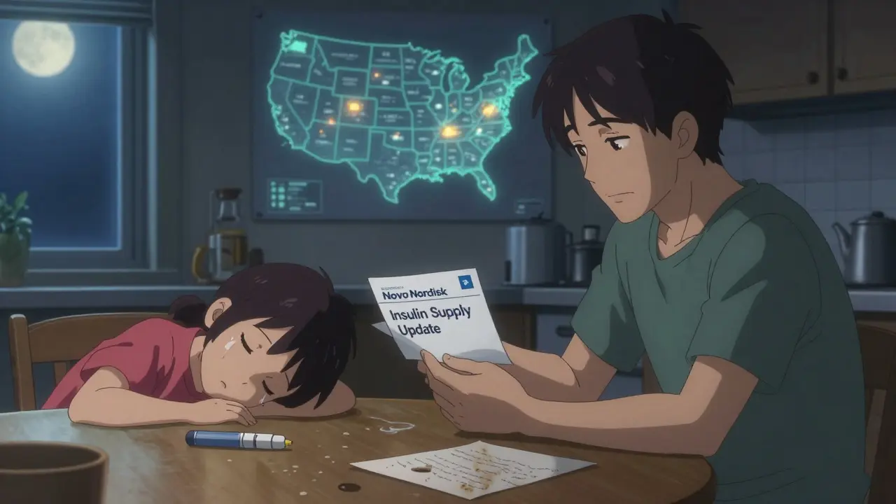 A family at home reads an insulin supply email, a child sleeps nearby with an insulin pen on the table.