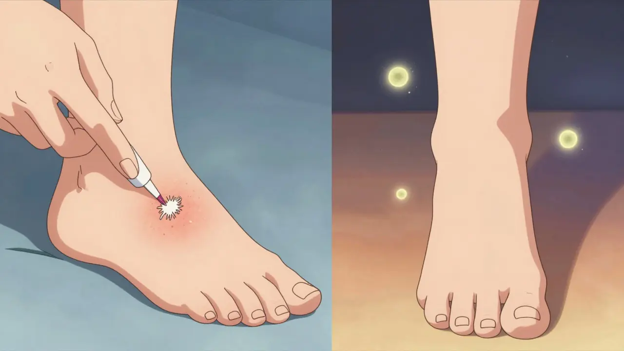 A foot healing over time, with antifungal treatment applied precisely beyond the visible infection.