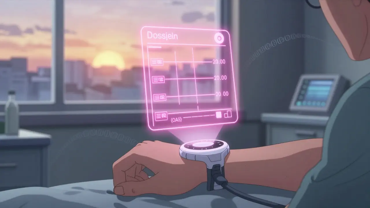 A futuristic wrist device projecting real-time cyclosporine levels and kidney data under a sunrise.