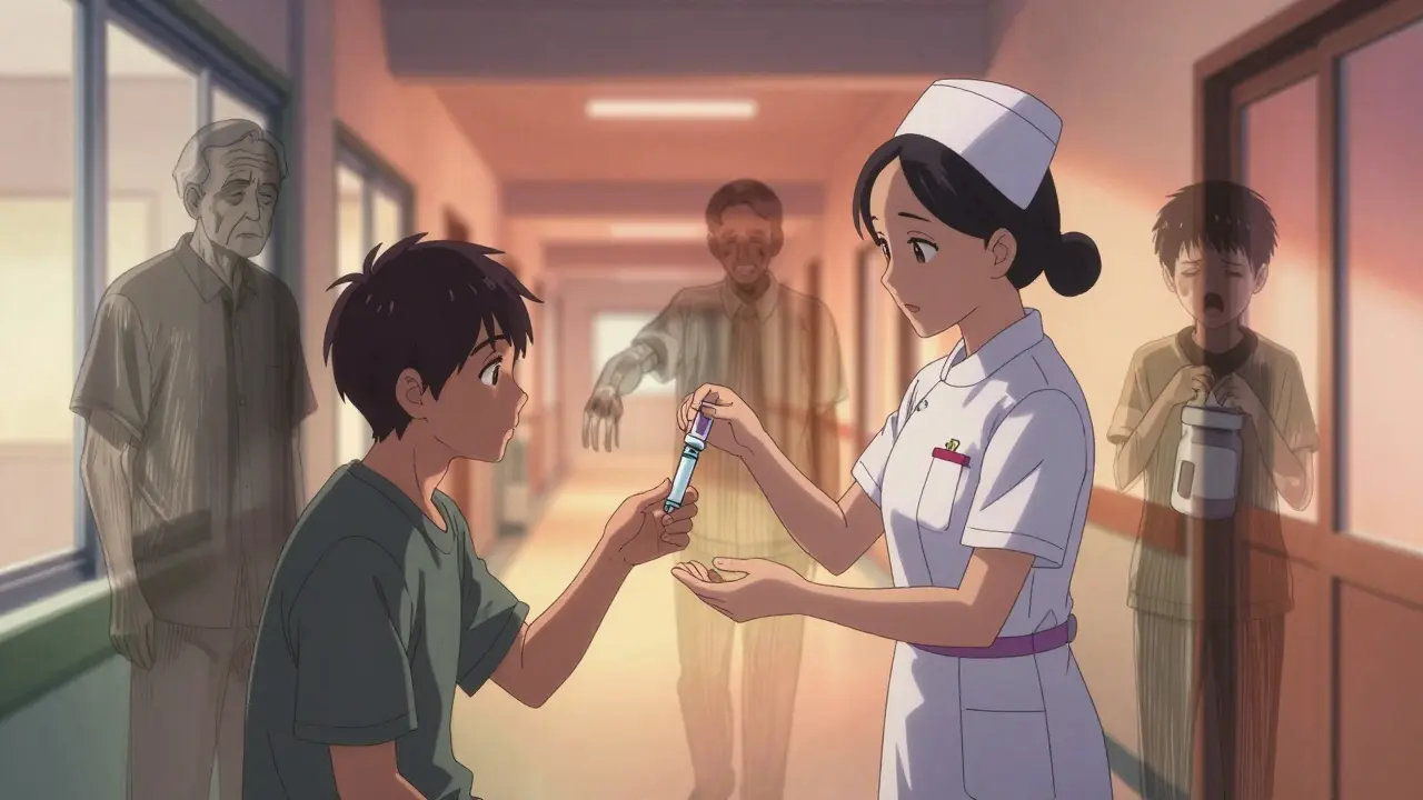 A nurse watches a patient demonstrate how to take insulin, with ghostly images of past medication errors fading in the background.