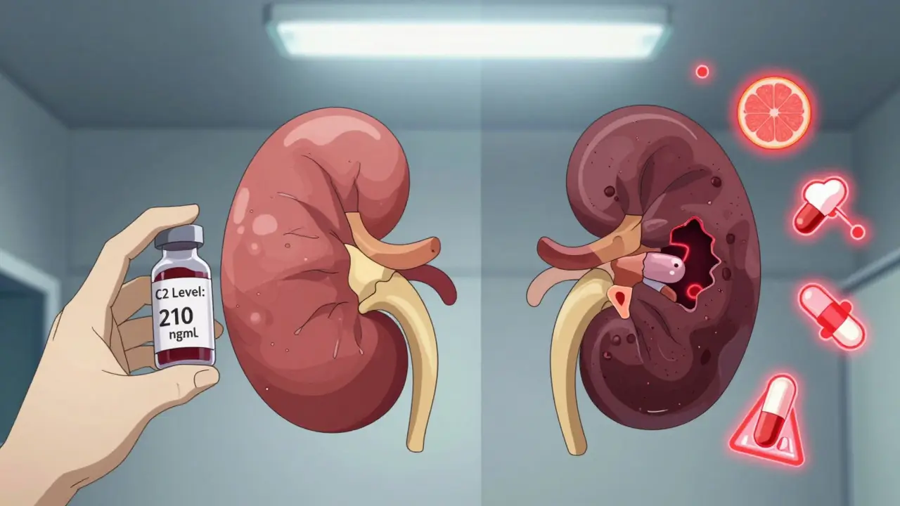 A patient holding a blood vial with a split view of healthy and damaged kidneys, surrounded by warning icons.