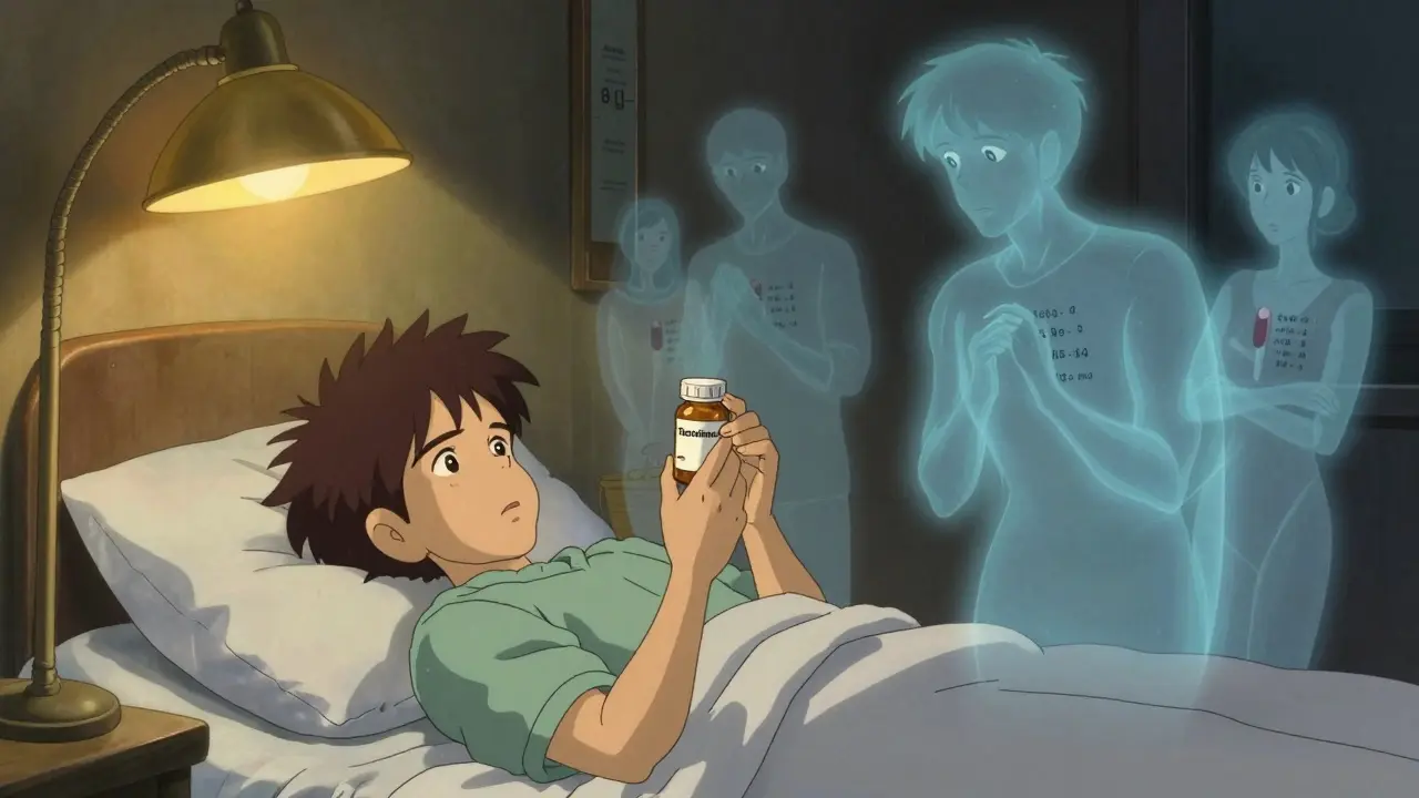 A patient is surrounded by ghostly versions of themselves with varying blood level readings.