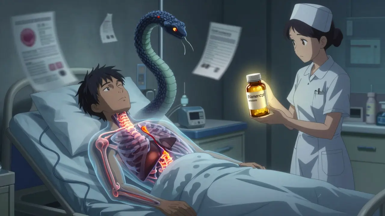 A patient with active TB in spine and liver, a dark TNF molecule coiling around them, while a golden pill bottle glows beside the bed.