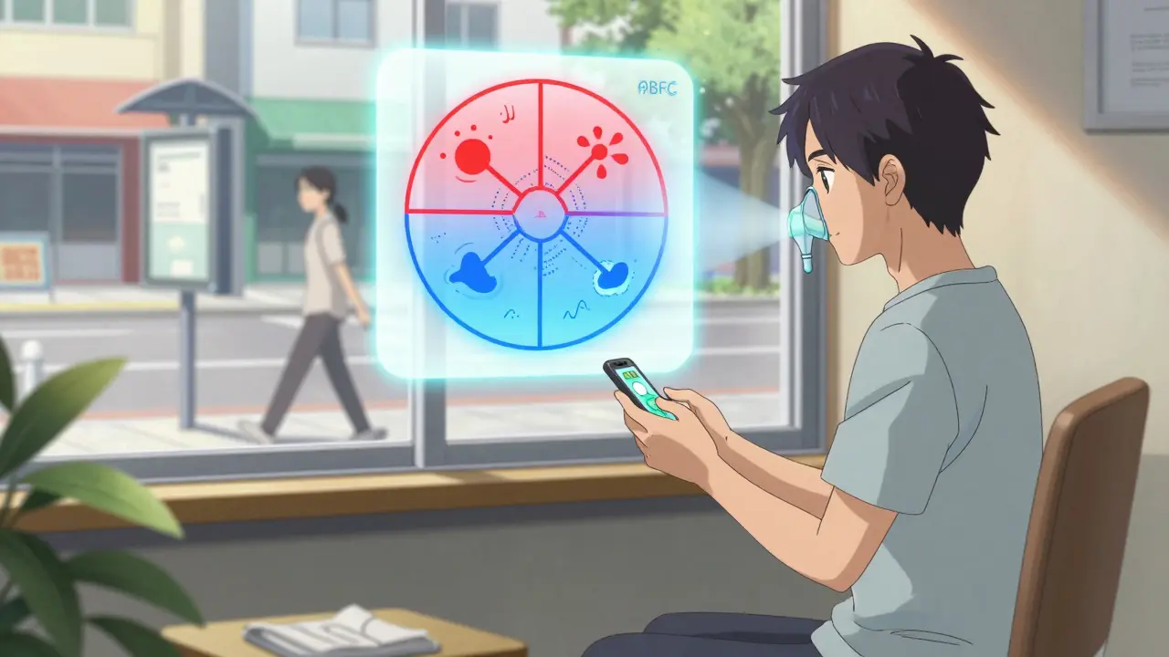 A person in therapy using a digital app, with neural pathways transforming from panic to calm as they regain confidence outside.