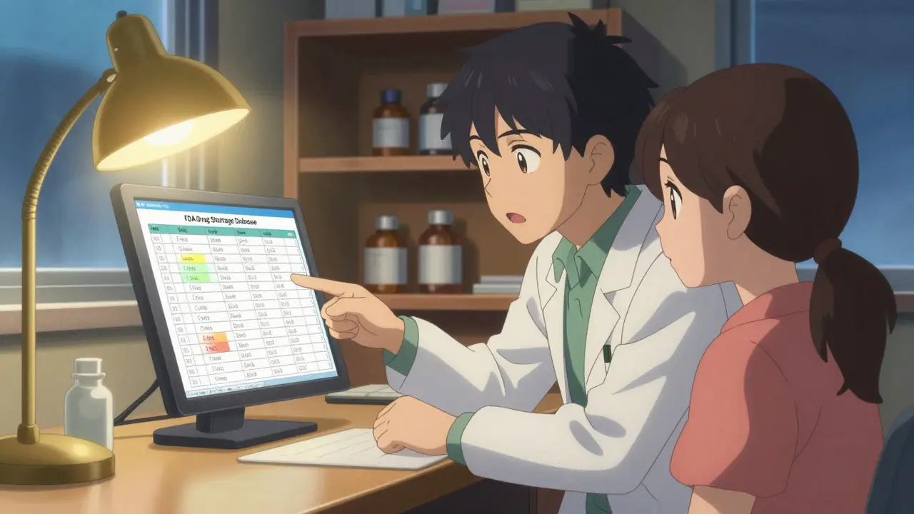 A pharmacist shows a patient a drug substitution chart on a tablet, shelves partially empty behind them.