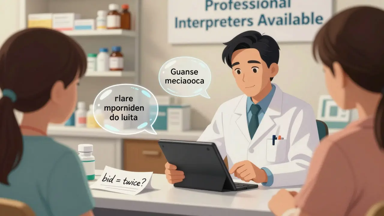 A pharmacist uses a video interpreter to explain medication dosing to a patient, with accurate translation bubbles floating between them.