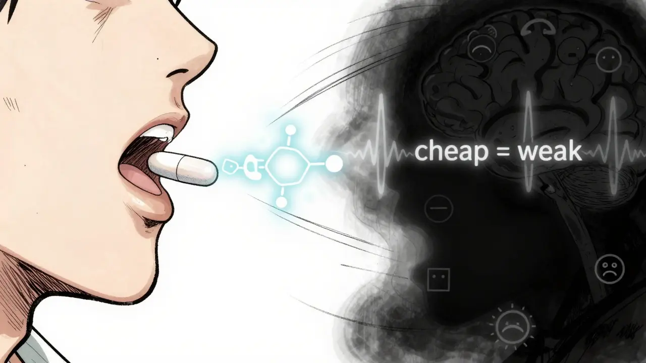 A pill splits into two visions: one with glowing molecules, the other with shadowy negative symbols representing the nocebo effect.