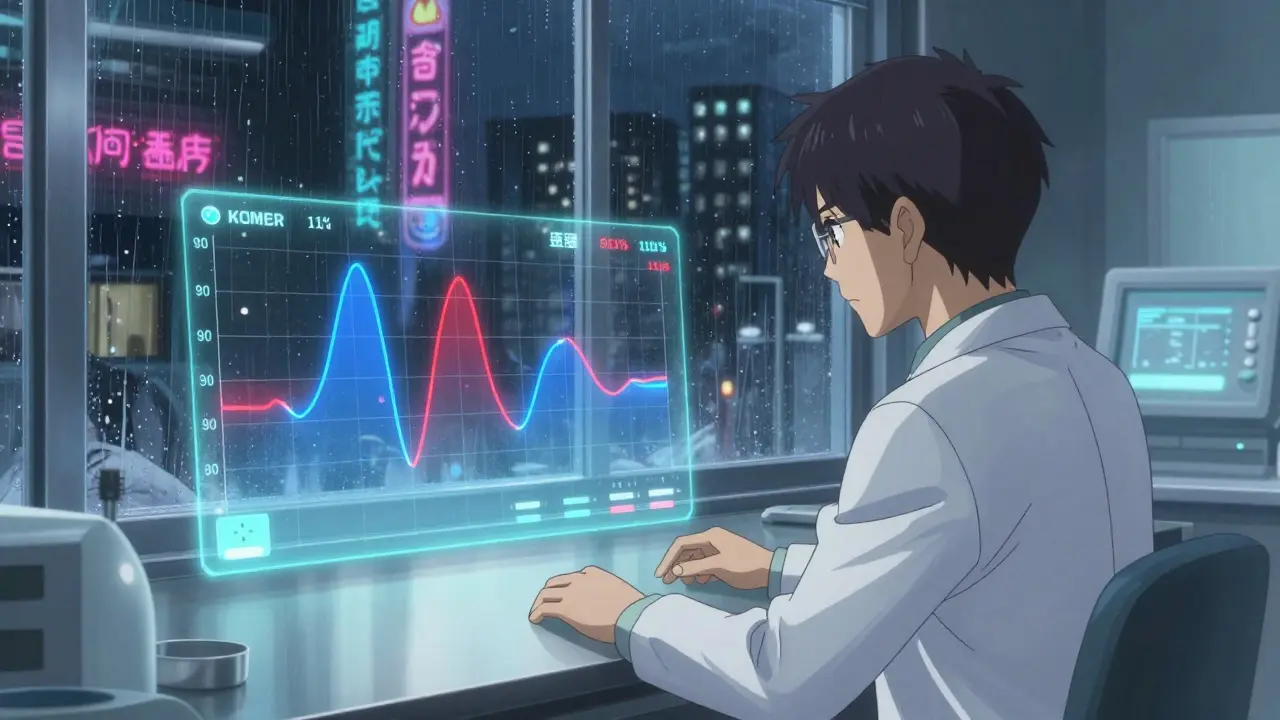 A scientist watches a holographic blood concentration graph in a quiet lab at night.