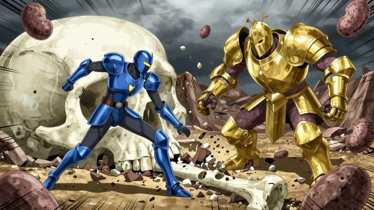 A symbolic bone battlefield with two warriors: one efficient blue defender and one clumsy gold knight rebuilding bone.