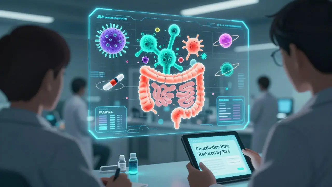 AI hologram rebalancing gut microbiome while patient takes gentler iron and PAMORA