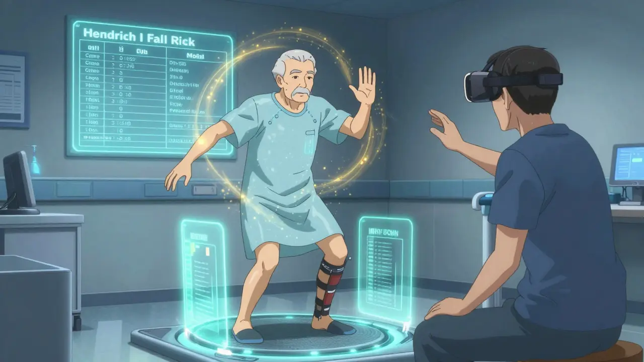 An elderly man doing VR balance therapy with holographic platforms, therapist guiding him in a clinical room.