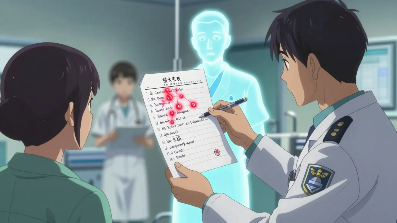 An emergency room scene with a medication list hovering between a paramedic and doctor, warning signs glowing.