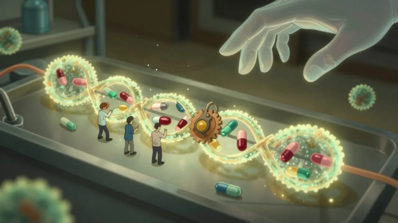 Bacterial ribosome factory halted by antibiotics blocking protein production in rotoscope anime.