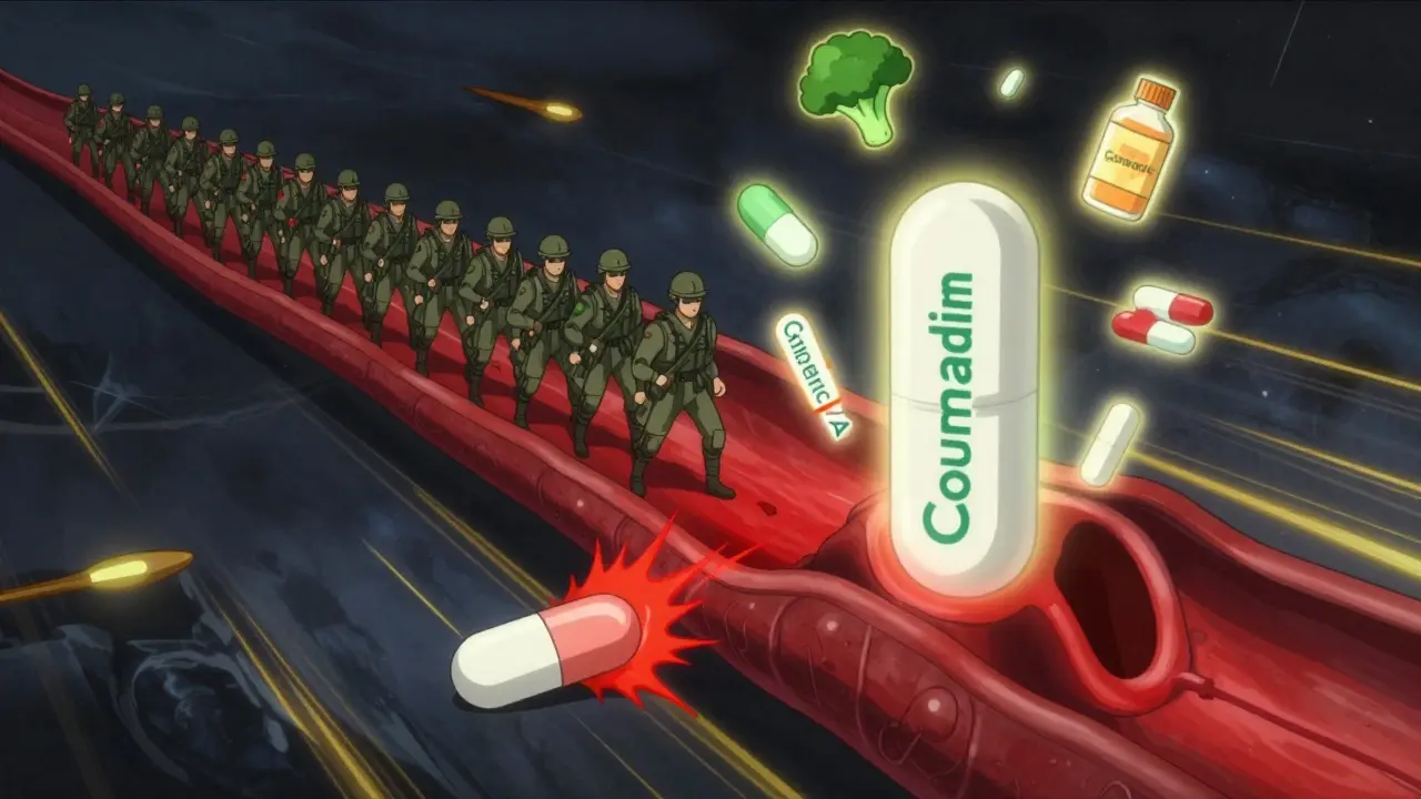 Battle inside a vein: warfarin pills as soldiers, one collapsing as INR spikes, surrounded by food and drug icons.